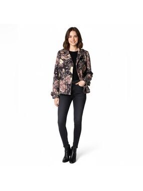 SOLITAIRE Faux Suede Rose Print Short Trench Jacket Front Pockets US Sz L
